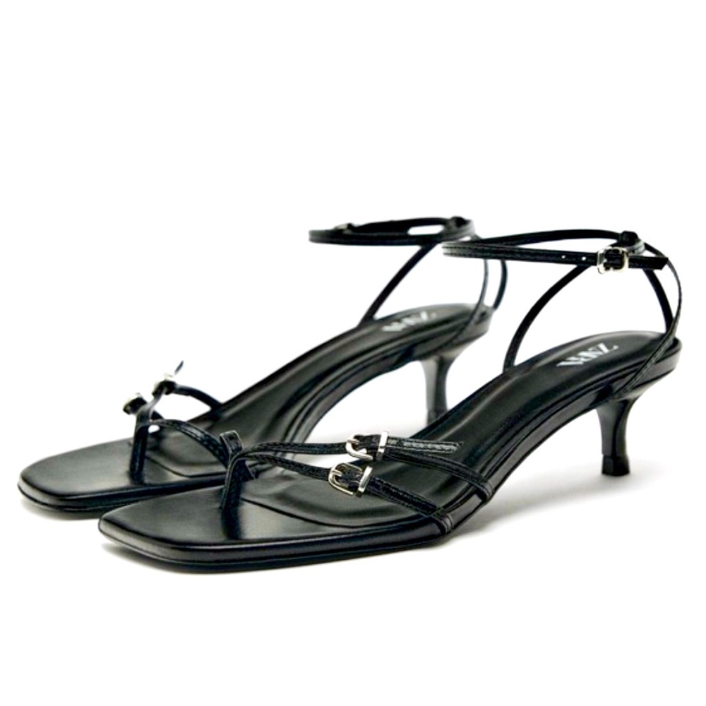 Zara Black Leather Strappy Heeled Sandals